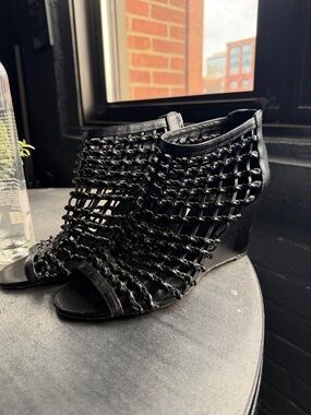 Vince Camuto Black Braided Peep-Toe Wedge Heels